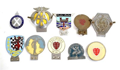 Lot 3184 - Ten Assorted Car Badges, to include vintage AA badge, stamped V228889, a later AA badge,...