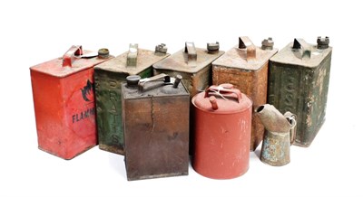 Lot 3185 - Five Assorted Vintage Fuel Cans, comprising a green Pratt, a green Esso, a grey Shell, and a rusted