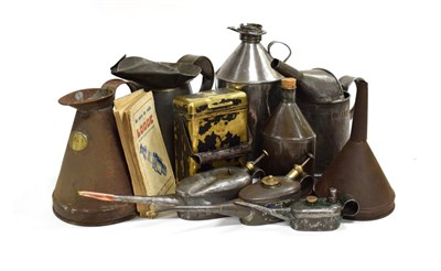 Lot 3189 - A Collection of Oil Tins, to include four pouring cans of assorted sizes, an oil funnel, four...