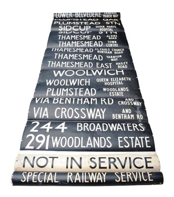 Lot 3192 - A 1950's Bus Destination Roll, in two sections, with white lettering on a black ground, listing...