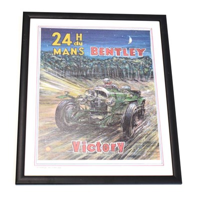 Lot 3199 - Phil May (b.1925)  ''Bentley, Le Mans 1928 victory'' Giclee poster print on canvas, signed, 51cm by