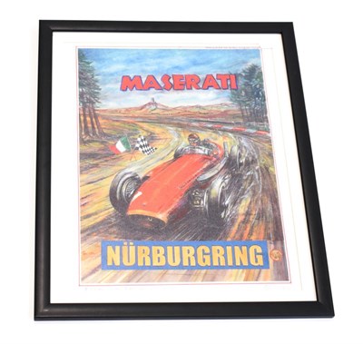 Lot 3201 - Phil May (b.1925)  ''Fangio with Maserati 250F'' Giclee poster print on canvas, signed, 51cm by...