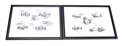 Lot 3202 - Phil May (b.1925)  ''Action studies, Bernd Rosemyer with the auto union at Nurburgring, 1936''...