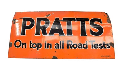 Lot 3207 - A Pratts Single-Sided Enamel Advertising Sign, PRATTS ON TOP IN ALL ROAD TESTS, with black and...
