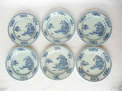 Lot 120 - A Set of Six Nanking Cargo Porcelain Plates, 18th century, painted in underglaze blue with...