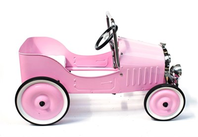 Lot 3227 - A Child's Pink Metal 1930's Style Pedal Car, modern, with plastic steering wheel, moulded seat,...
