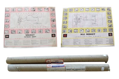 Lot 3196A - A Manufacturers Lubrication Poster for Wolseley Fifteen-Sixty, and Two Posters for MG Midget,...