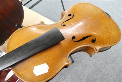 Lot 5 - Violin 13 1/4'' two piece back, ebony fingerboard, no label, cased with two bows