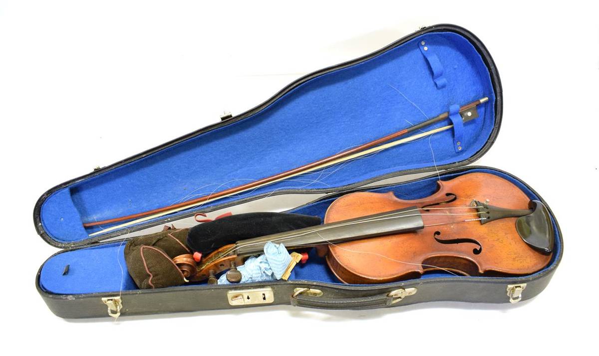 Lot 6 - Violin 13 3/4'' two piece back, ebony fingerboard and tailpiece, no label (cased with bow)