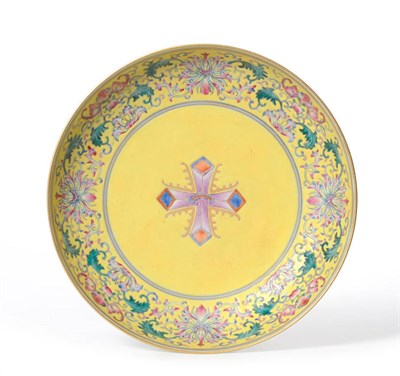 Lot 126 - A Chinese Yellow Ground Saucer Dish, Guangxu mark, painted in famille rose enamels with a...