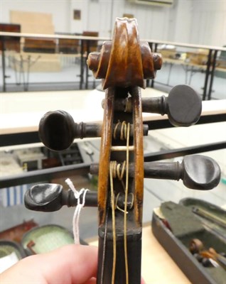 Lot 12 - Violin 14'' 2 piece back, ebony fingerboard, has had repair to neck with label 'This violin made in