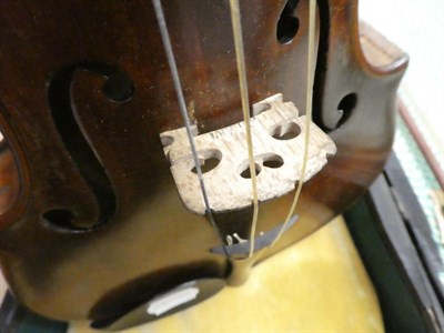 Lot 12 - Violin 14'' 2 piece back, ebony fingerboard, has had repair to neck with label 'This violin made in