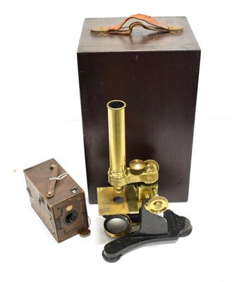 Lot 92 - R Field & Son (Birmingham) Brass Microscope with accessories (cased) together with a box camera (2)