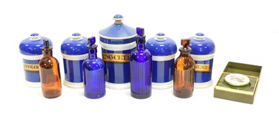 Lot 115 - Pharmaceutical Storage Jars one large and four smaller examples three with labels, together...