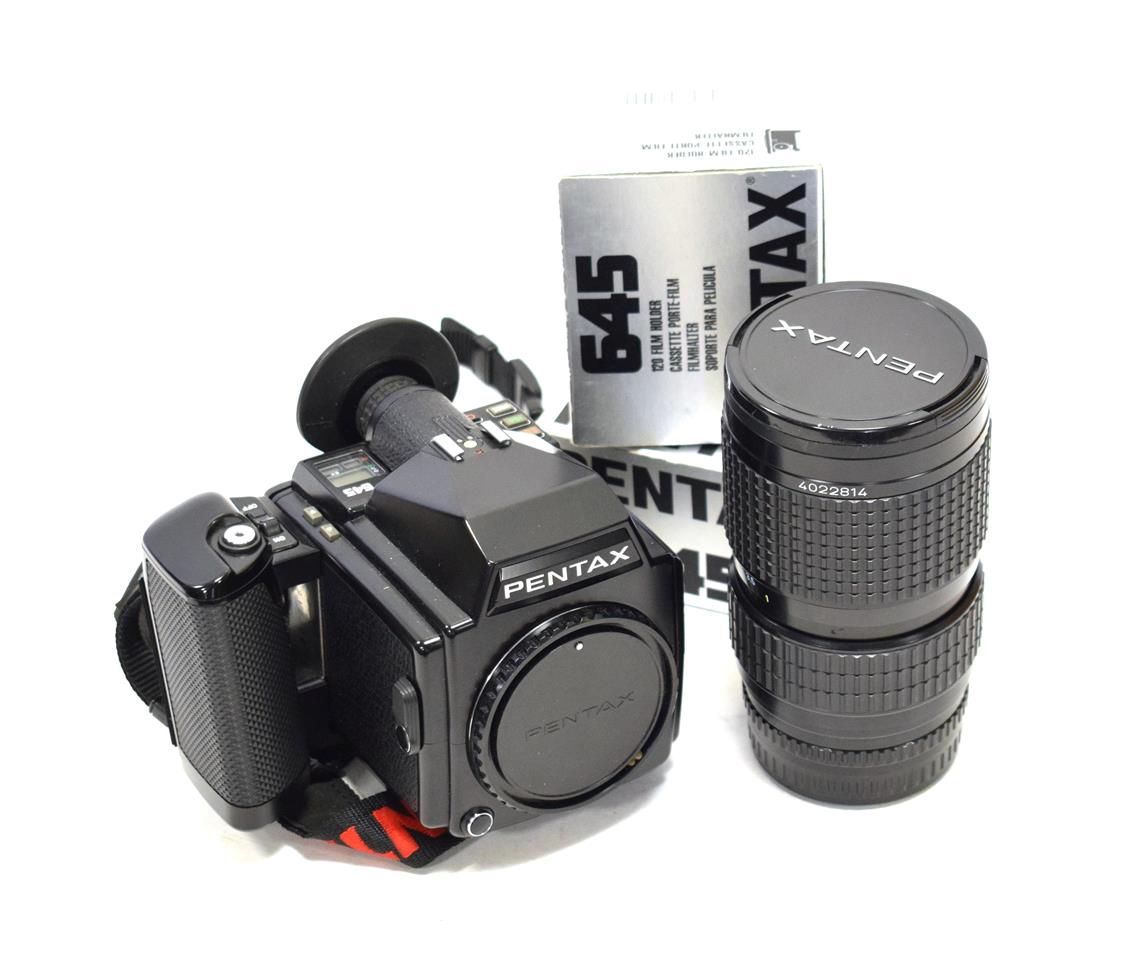 Lot 162 - Pentax 645 Camera no.1042077, with SMC Pentax-A f4.5 80-160mm lens and two boxed 120 Film Holders