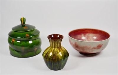 Lot 2 - A Ruskin bowl impressed mark, dated 1924, a Kevin de Choisy green jar and cover, and a...