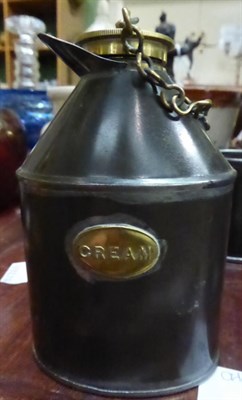 Lot 9 - A collection of dairy related metal wares and pottery including a small oval lidded churn and cover