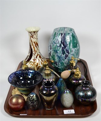 Lot 12 - A quantity of Royal Brierley studio art glass including green mottled vase, five atomisers,...