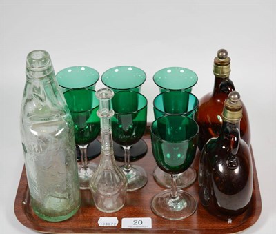 Lot 20 - Rylands of Barnsley glass 'Cog' bottle; a pair of Victorian brown glass decanters; and assorted...