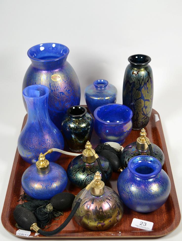 Lot 23 - A quantity of Royal Brierley studio art glass including four blue lustre vases (of varying...