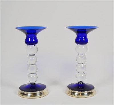 Lot 26 - A pair of Elizabeth II silver-mounted glass candlesticks, by Laurence R. Walker and Co.,...