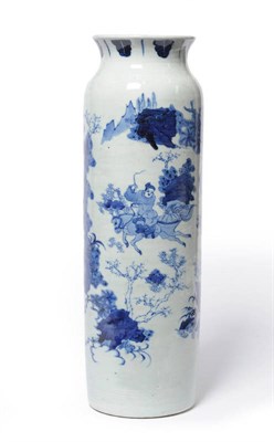 Lot 147 - A Chinese Blue and White Porcelain Rouleau Vase, Qing Dynasty, the flared rim painted with leaf...