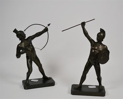 Lot 44 - A pair of bronzed neo-classical warrior figures, archer and spearman, (a.f.), integral plinths (2)
