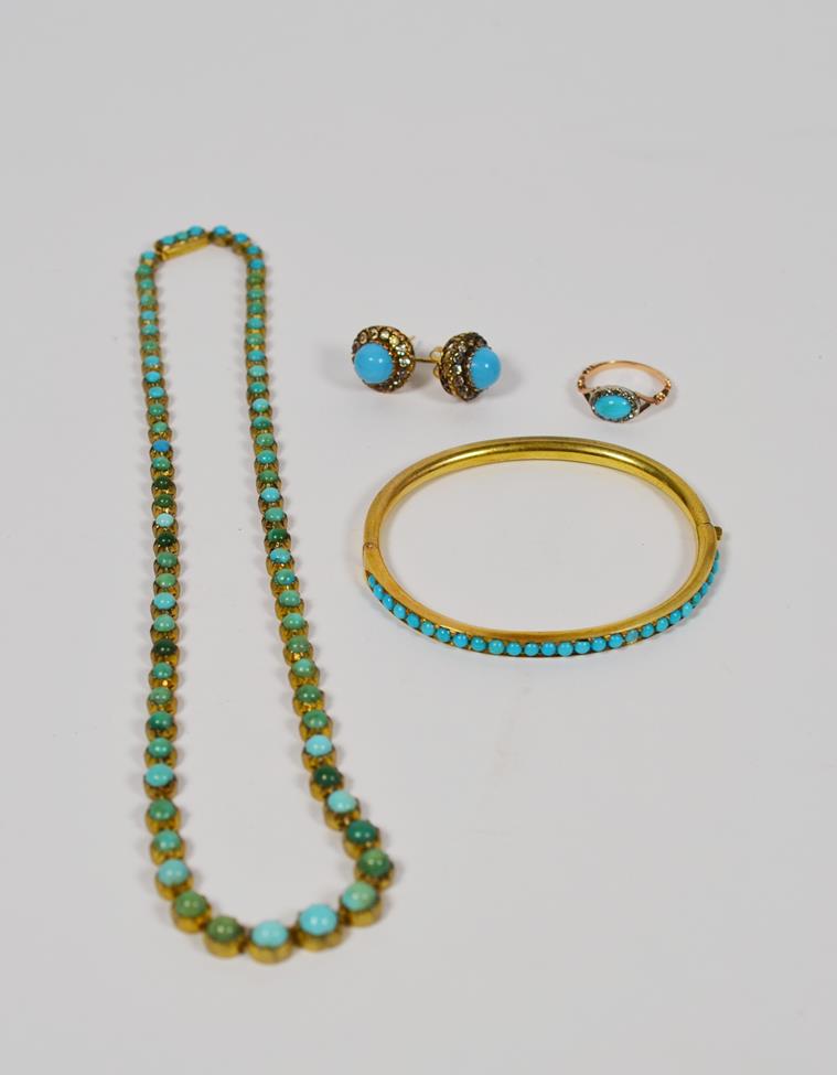 Lot 51 - A turquoise riviere necklace, length 40cm; a turquoise bangle; a turquoise and diamond ring, finger
