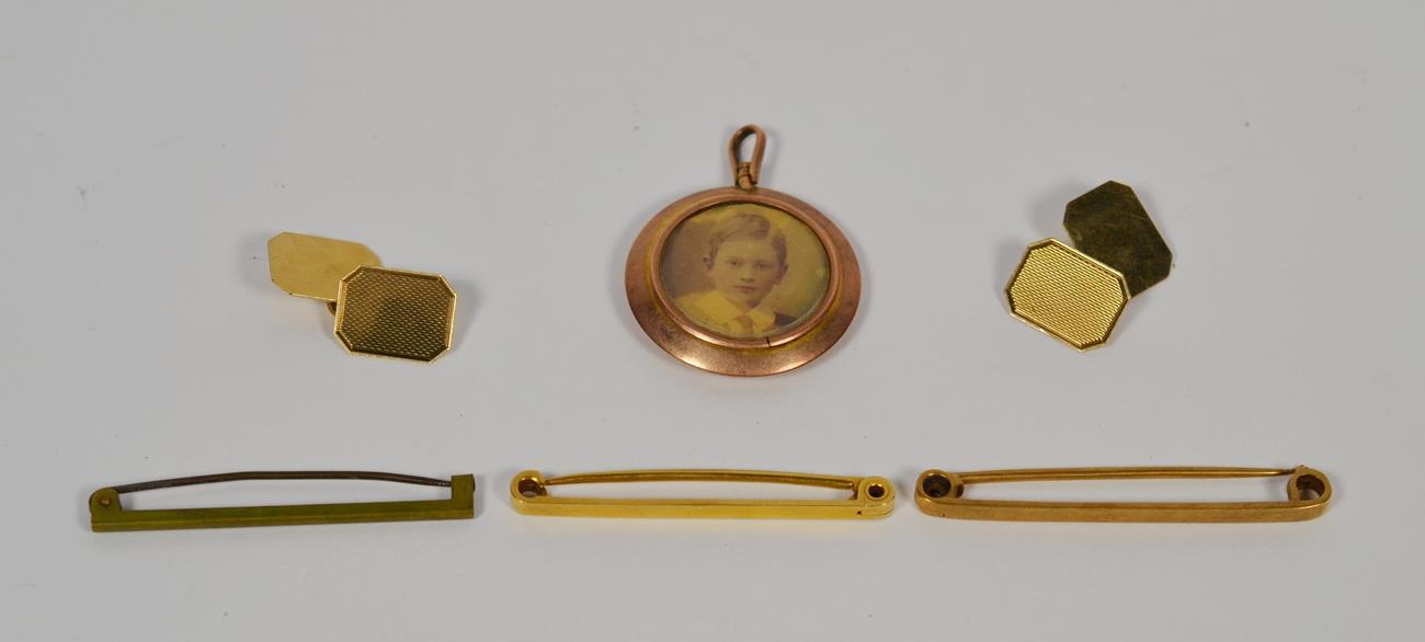Lot 58 - A stock pin stamped '18CT', length 4.5cm; two other stock pins; a pair of 9 carat gold...