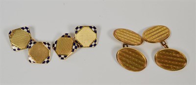 Lot 59 - A pair of blue and white enamel cufflinks, stamped '9CT'; and a pair of 9 carat gold cufflinks