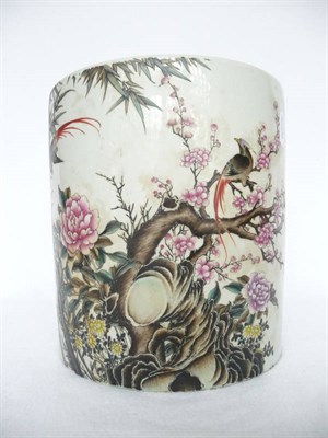 Lot 151 - A Chinese Famille Rose Porcelain Large Cylindrical Vase, 20th century, decorated with a pair of...