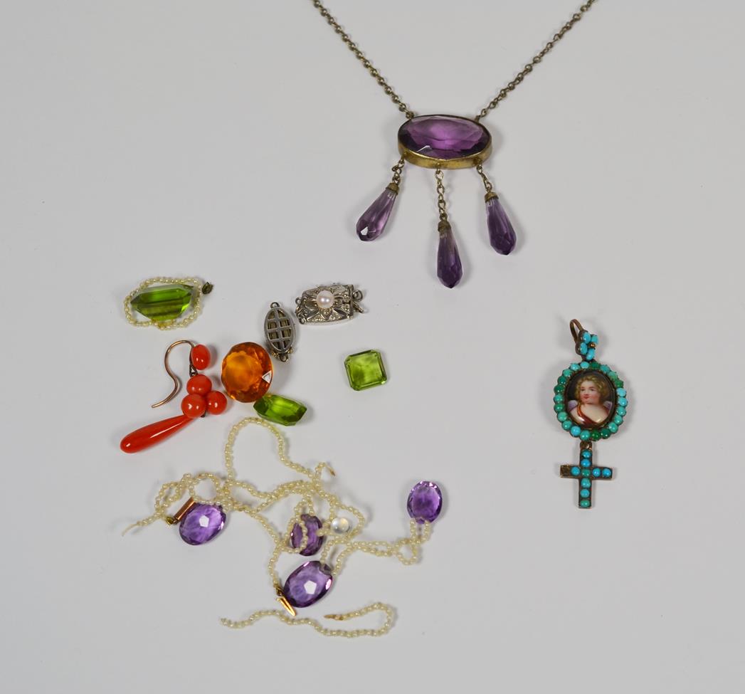 Lot 72 - A turquoise pendant with a portrait plaque centre; an amethyst and seed pearl necklace (a.f.);...
