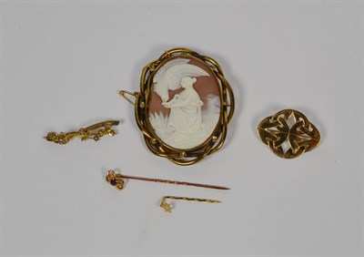 Lot 84 - A cameo brooch depicting Hebe (a.f.); two 9 carat gold brooches; and two stick pins