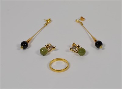 Lot 91 - Two pairs of earrings stamped '375' and an 18 carat gold band ring, finger size N1/2