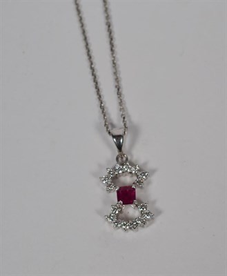 Lot 98 - A ruby and diamond pendant on chain, pendant length 2cm, chain length 40cm