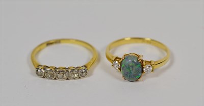 Lot 99 - An old cut diamond five stone ring, stamped '18CT & PT', finger size M1/2; and an opal and...