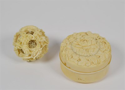 Lot 114 - Cantonese ivory puzzle ball and Japanese ivory box