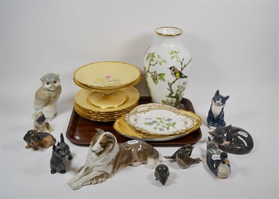 Lot 138 - Nine Royal Copenhagen china animal ornaments; a Nao china owl; further ceramics including Spode...