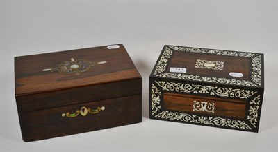 Lot 140 - Rosewood hinged workbox with brass and mother of pearl inlay to the cover, blue silk lining and...