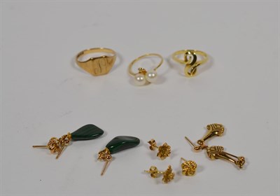 Lot 159 - Two pairs of 9 carat gold earrings; two pairs of unmarked earrings; a 9 carat gold signet ring,...