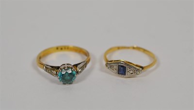 Lot 167 - A blue zircon and diamond ring, circa 1930, stamped '18CT', finger size L1/2; and a sapphire...