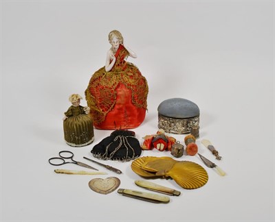 Lot 181 - China half doll crinoline lady, small bisque pin cushion doll initialled 'CMH', miniature...