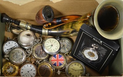 Lot 194 - A selection of pocket watches, silver collar smoking pipe and a hunting horn