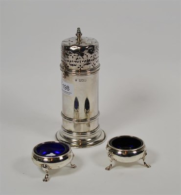 Lot 198 - A Victorian silver caster and a pair of George III silver salt-cellars, the caster by Edward...