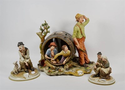 Lot 221 - Three Capodimonte figure groups including a Prestige group depicting boys in a barrel signed La...