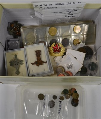 Lot 237 - A collection of coins, including many metal detecting finds, together with military cap badges...