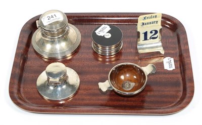 Lot 241 - A group of silver including: two capstan inkwells, one by S. Blanckensee and Son Ltd., Chester,...