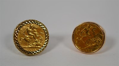 Lot 244 - An 1895 half sovereign loose mounted as a ring, finger size L; with another dated 1909 in a...