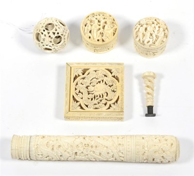 Lot 245 - A group of circa 1920s/30s Canton ivory comprising a needle case, puzzle ball, desk seal,...