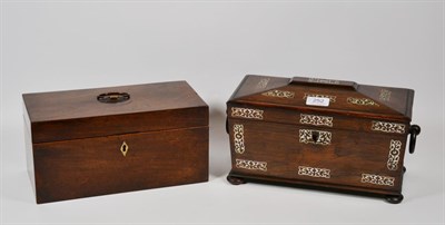 Lot 252 - A Regency rosewood inlaid tea caddy with twin ring handles, and squashed bun fee together with...